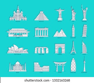 World Monuments Icons. isolated on green background
