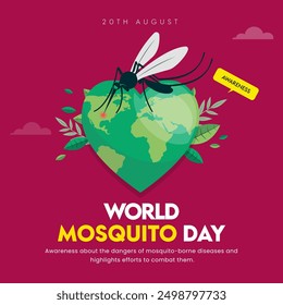 Día Mundial del Mosquito. 20 de agosto Anuncio de portada de celebración del día del mosquito, Post con la tierra en forma de corazón y mosquito