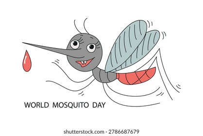 World Mosquito Day text. Mosquito icon. Cute cartoon bloodsucking insect and a drop of blood. Hand-drawn doodle. Concept for malaria prevention, hygiene, and health. Poster, banner with inscription. Isolated white background.