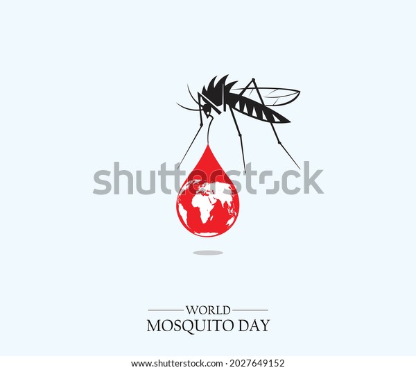 World Mosquito Day, vector\
mosquito, blood drop with world map. World Mosquito Day concept,\
Malaria Day, dengue fever. Theme logo of world mosquito day, 20\
August.