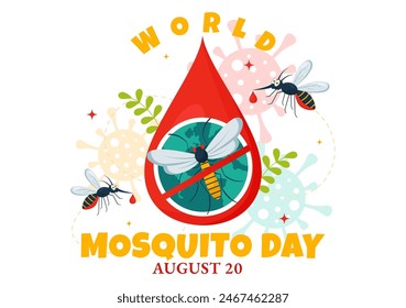 Ilustración vectorial del Día Mundial del Mosquito el 20 de agosto con un mosquito que puede causar dengue y malaria en un fondo plano de dibujos animados