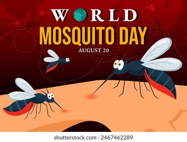 Ilustración vectorial del Día Mundial del Mosquito el 20 de agosto con un mosquito que puede causar dengue y malaria en un fondo plano de dibujos animados