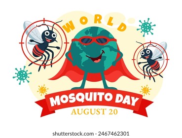 Ilustración vectorial del Día Mundial del Mosquito el 20 de agosto con un mosquito que puede causar dengue y malaria en un fondo plano de dibujos animados