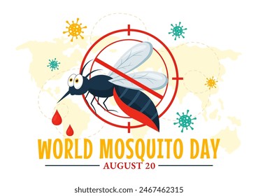 World Mosquito Day Vector Illustration on August 20th featuring a Midge that Can Cause Dengue Fever and Malaria in a Flat Style Cartoon Background