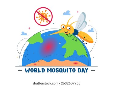 Ilustração vetorial do Dia Mundial do Mosquito em 20 de agosto, apresentando a Terra e um Midge que pode causar dengue e malária em um plano de fundo plano