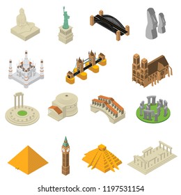 World most famous landmarks isometric icons collection with egyptian pyramids and american liberty statue isolated vector illustration