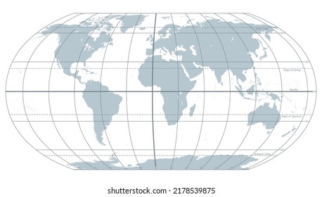 The world with most important circles of latitudes and longitudes, gray political map. Equator, Greenwich meridian, Arctic and Antarctic Circle, Tropic of Cancer and Capricorn. Illustration. Vector.