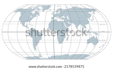 The world with most important circles of latitudes and longitudes, gray political map. Equator, Greenwich meridian, Arctic and Antarctic Circle, Tropic of Cancer and Capricorn. Illustration. Vector.