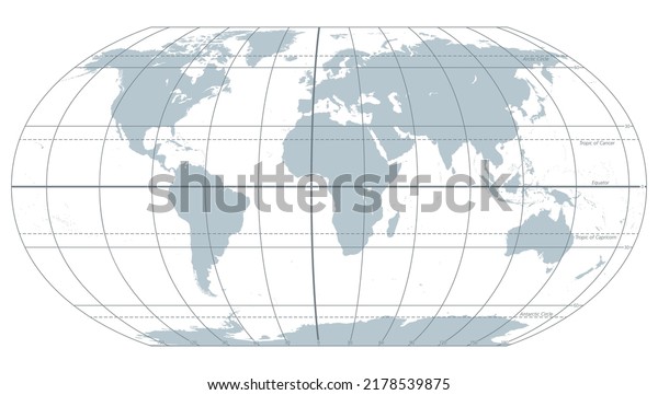 The world with most important circles of\
latitudes and longitudes, gray political map. Equator, Greenwich\
meridian, Arctic and Antarctic Circle, Tropic of Cancer and\
Capricorn. Illustration.\
Vector.