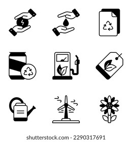 World mother earth day related icons set such as, save energy, save water, recycle paper, recycle, biofuel, eco tag, watering can, wind turbine, sunflower