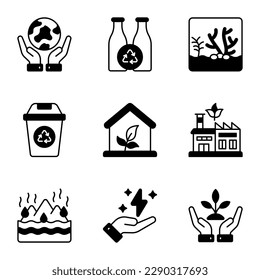 World mother earth day related icons set such as, save the world, recycle, coral, trash bin, eco house, green factory, melt, energy, plant