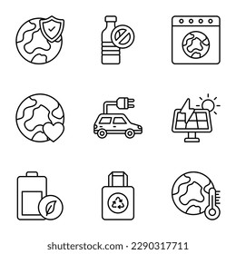 World mother earth day related icons set such as, protection, recycle bag, global warming, earth love, eco car, solar panel, battery, no plastic bottle