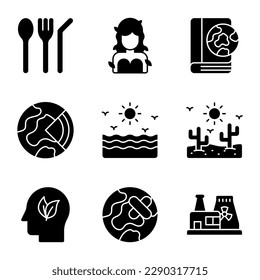 World mother earth day related icons set such as, reusable, gaia, book, earth layers, sea, desert, think, power plant