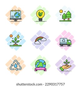 World mother earth day related icons set such as, billboard, energy idea, tree, plan,t, rainbow, eco truck, recycle, world globe