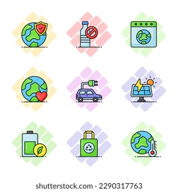 World mother earth day related icons set such as, protection, recycle bag, global warming, earth love, eco car, solar panel, battery, no plastic bottle