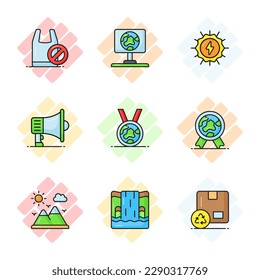 World mother earth day related icons set such as, plastic bag, solar energy, speaker, medal, badge, mountain, waterfall, carton