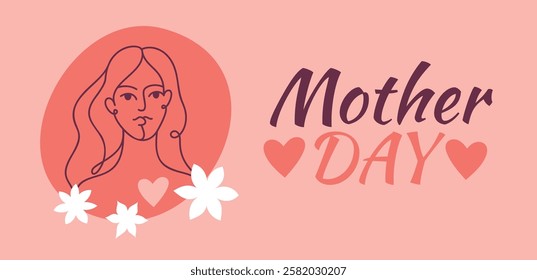 World mother's Day card. International female holiday. 8 March. Abstract woman portrait. Femininity and beauty. Motherhood event. Mom line face. Cute flowers. Garish