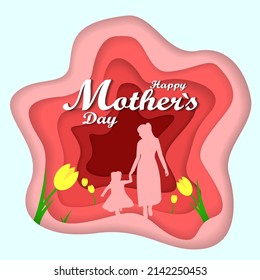 world mother's day. vector design in paper cut style. It depicts a mother and her child in a paper cut with flowers adorning it. The dominant colors are red and white