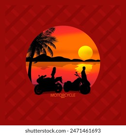 World Motorcycle Day event banner. Illustration of a couple with their motorbike at sunset in circle frame on dark red background to celebrate on June 21st