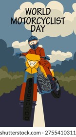 World Motorcyclist Day vertical greeting card with outline rider on bike on highway road landscape. Flat illustration for extreme sports event banners, biker club posters or social media posts.