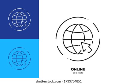 World with mouse cursor line art vector icon. Outline symbol of internet browser. Network pictogram made of thin stroke. Isolated on background.