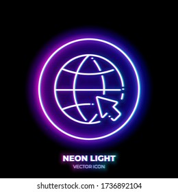 World with mouse cursor neon light line art vector icon. Outline symbol of internet browser. Network pictogram made of thin stroke. Isolated on background.