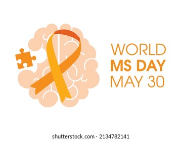 World MS Day vector. Human brain with orange ribbon and with a puzzle piece icon isolated on a white background. Awareness raising campaign for Multiple Sclerosis vector. May 30. Important day