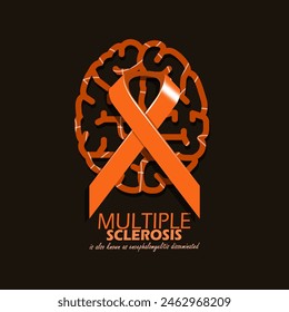 In: World Multiple Sclerosis Day Event Banner. Ein orangefarbenes Kampagnenband und ein Gehirn auf schwarzem Hintergrund zum Gedenken an den 30. Mai