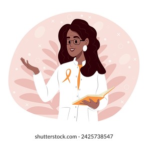 Día Mundial de la Esclerosis Múltiple Una doctora vestida de uniforme blanco con una cinta naranja de reconocimiento