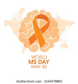 Vector del Día Mundial de la Esclerosis Múltiple. Cinta de sensibilización naranja y vector de sílice cerebral humana aislado en un fondo blanco. Afiche del Día Mundial de la EM, 30 de mayo. Día importante