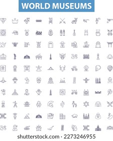 World museums line icons, signs set. Museums, World, Global, Cultural, Art, History, Archaeology, Science, Natural outline vector illustrations.