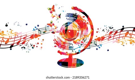 World music concept. LP record disc colorful globe with musical notes and butterflies isolated. Vector illustration for concert events, music festivals and shows, performances, party flyer