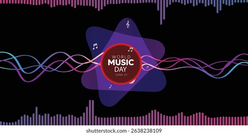 World Music Day 21 June music notes with audio equalizer vector poster