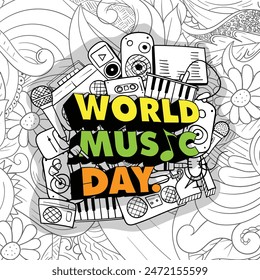 World music day in 3d typography design with doodle art of audio equipment and line art ornamental background for music event design