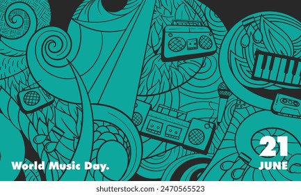 World music day background with abstract ornamental in doodle art hand drawn design. Good template for music event or cafe design
