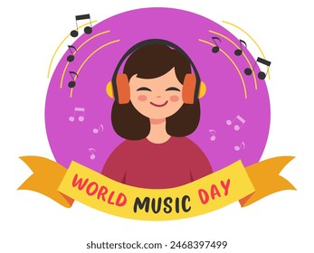 Anuncio del Día Mundial de la Música, chica escuchando música en auriculares, Ilustración vectorial en estilo plano