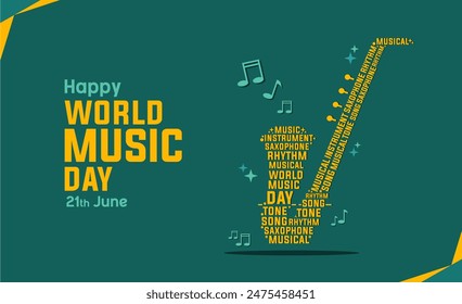 World Music Day banner and poster template. editable file. saxophone typography, dark cyan blue, cyan, turquoise background, music theme and tone vector