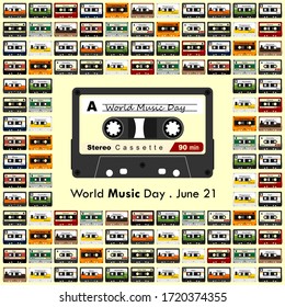 World Music Day. Celebrate on June 21. Cassette Pattern Background. Vector Illustration