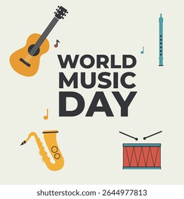 World Music Day Celebration - Celebrate the joy of music with this vibrant World Music Day vector! Featuring iconic instruments in a modern style. Perfect for posters, social media, and more!