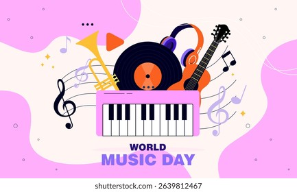 World Music Day Celebration Hand Drawn with Musical Instruments. Perfect for Poster, Banner, Music Events, Festivals, or International Music-Themed Designs.