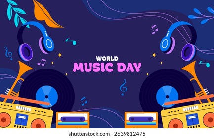 World Music Day Celebration Hand Drawn with Musical Instruments. Perfect for Poster, Banner, Music Events, Festivals, or International Music-Themed Designs.