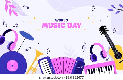 World Music Day Celebration Hand Drawn with Musical Instruments. Perfect for Poster, Banner, Music Events, Festivals, or International Music-Themed Designs.
