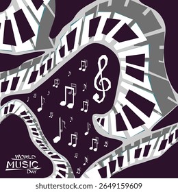World Music Day, 21 de junho. Cartaz, cartão, inventar umas férias de música, festival musical, dia de piano, música clássica ou festival de jazz