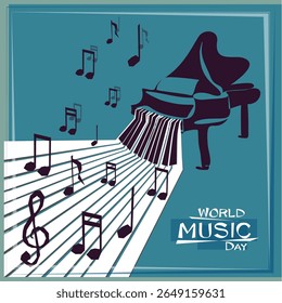 World Music Day, 21 de junho. Cartaz, cartão, inventar umas férias de música, festival musical, dia de piano, música clássica ou festival de jazz