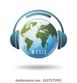 World Music Day Concept. Globe with headphones . Vector design art isolated on white background.