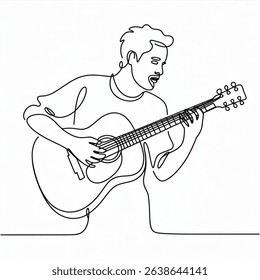 World music day concept. Man playing guitar. Continues   one-line drawing design art illustration isolated on white background 