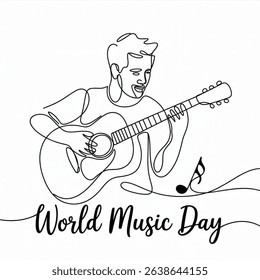 World music day concept. Man playing guitar. Continues   one-line drawing design art illustration isolated on white background 