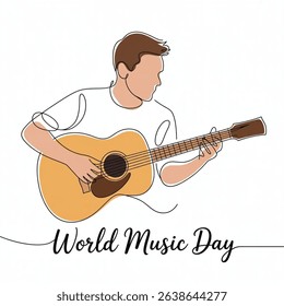 World music day concept. Man playing guitar. Continues   one-line drawing design art illustration isolated on white background 