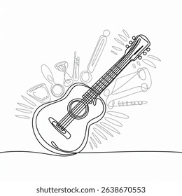 World Music Day. Continuous one line art guitar world music day concept  Vector art isolated on white background.
