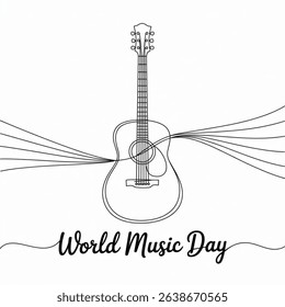 World Music Day. Continuous one line art guitar world music day concept  Vector art isolated on white background.